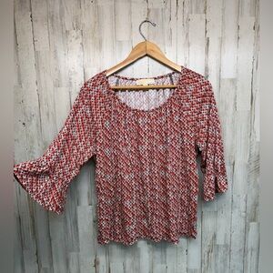 Michael Kors Womens Knit Floral Bell Sleeve Top Size XL Coral Black White